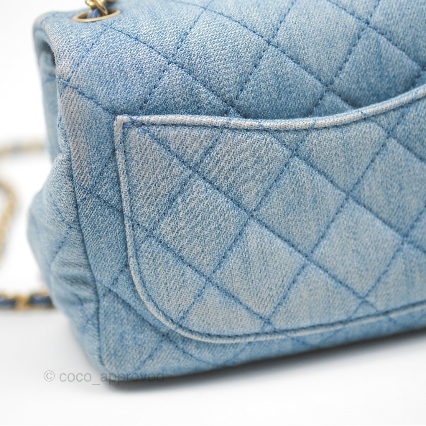 Chanel Mini Square Pearl Crush Quilted Denim Aged Gold Hardware