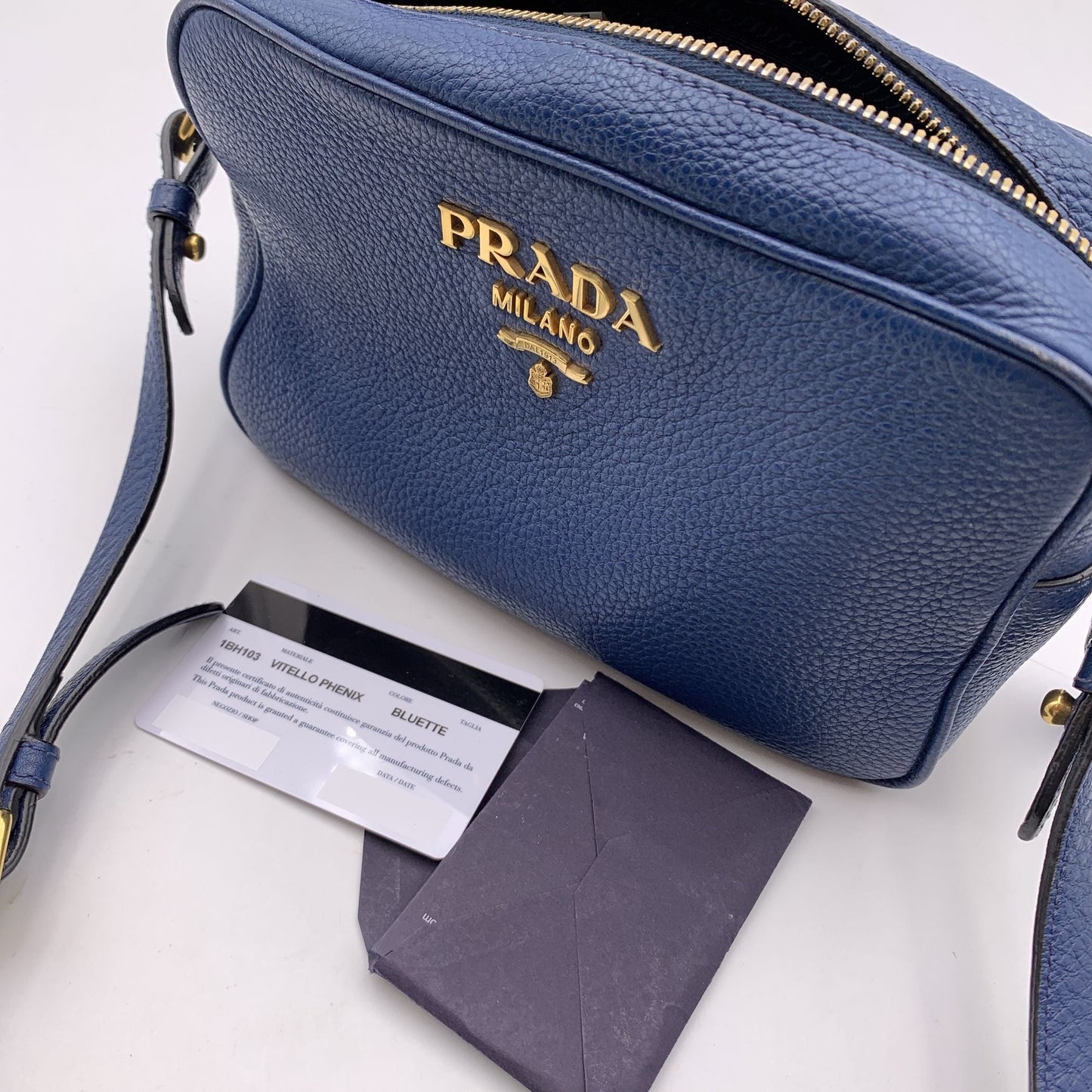 Luxury PradaBlue Vitello Phenix Leather Crossbody Messenger Camera Bag