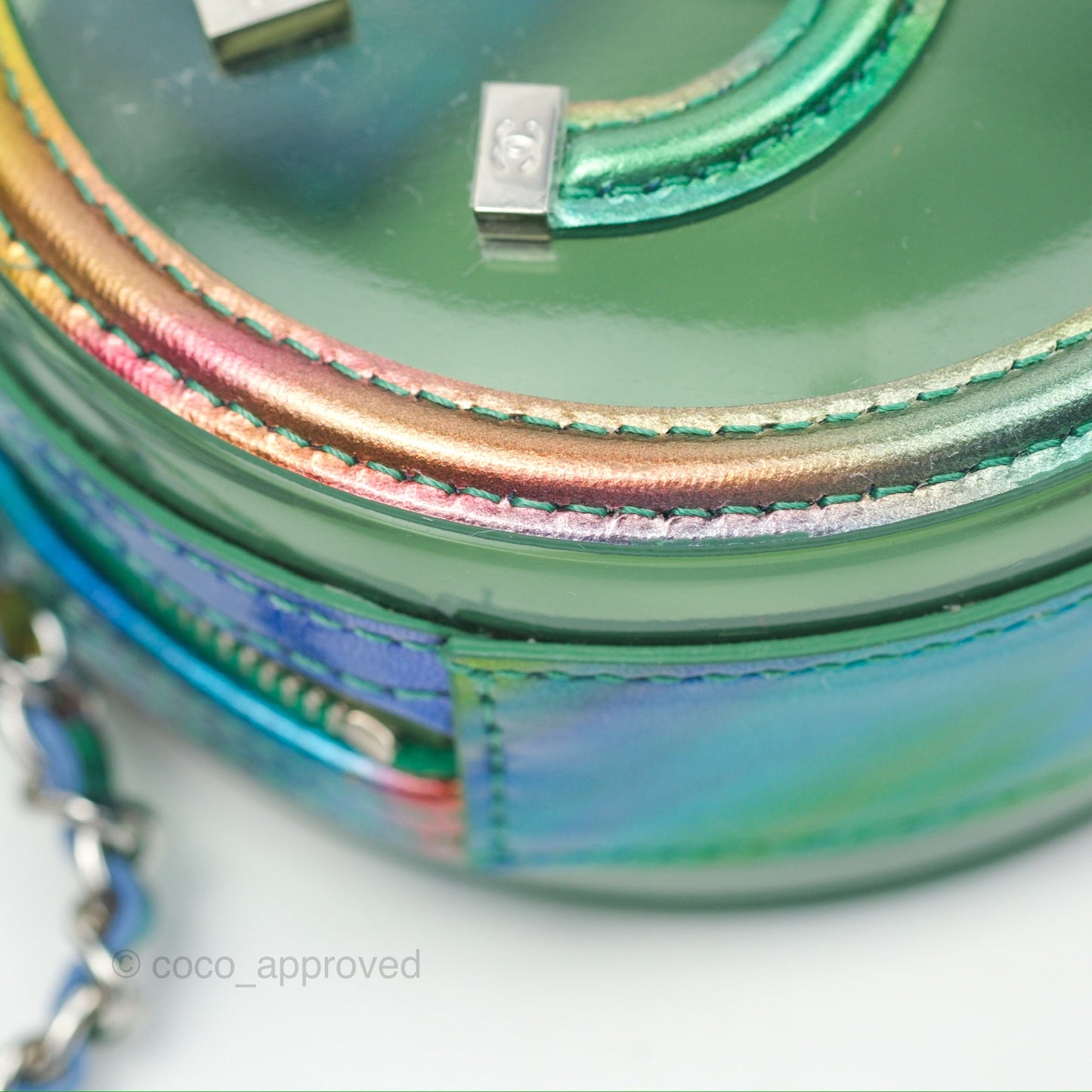 Chanel Filigree Rainbow Green PVC Round Clutch With Chain Silver Hardware 20C