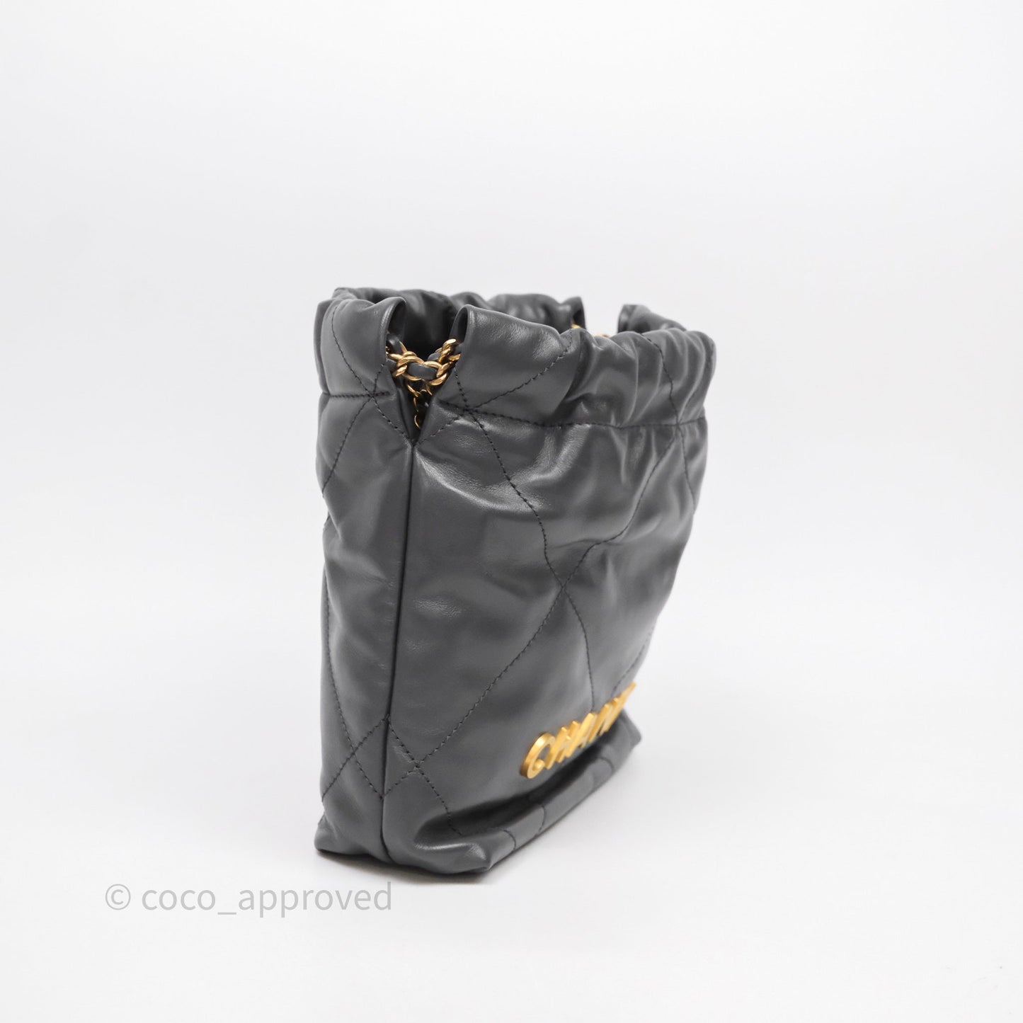 Chanel 22 Mini Bag Dark Grey Shiny Crumpled Calfskin Aged Gold Hardware