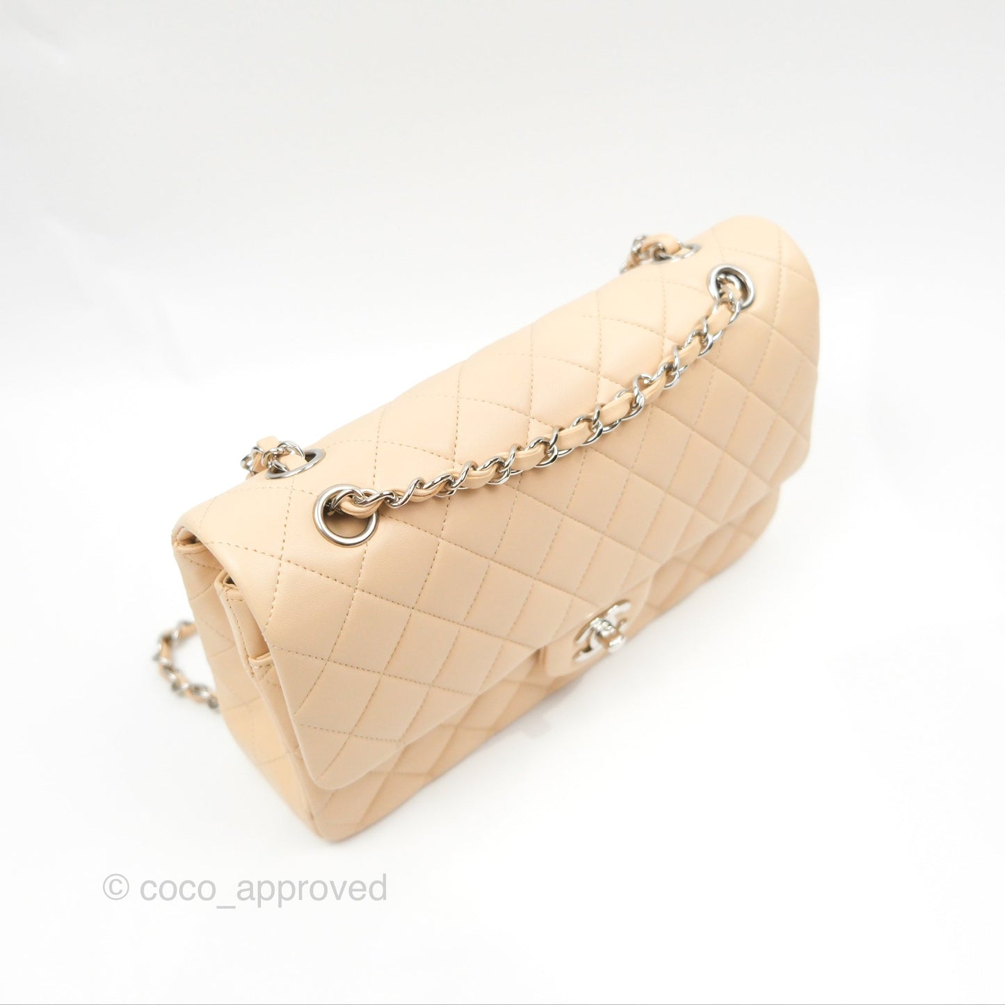 Chanel Classic M/L Medium Flap Quilted Beige Lambskin Silver Hardware