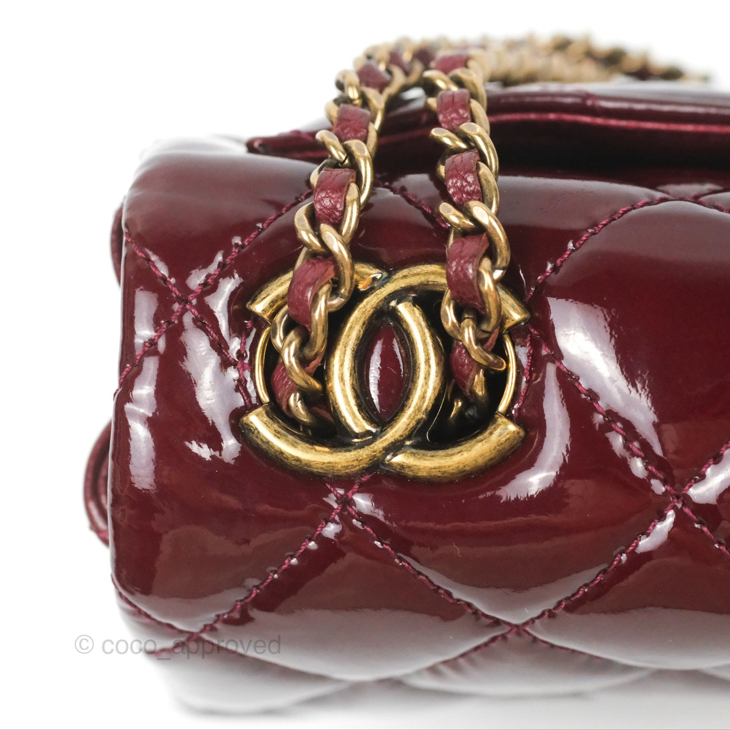 Chanel Quilted CC Eyelet Flap Burgundy Patent Goatskin Antique Gold Hardware