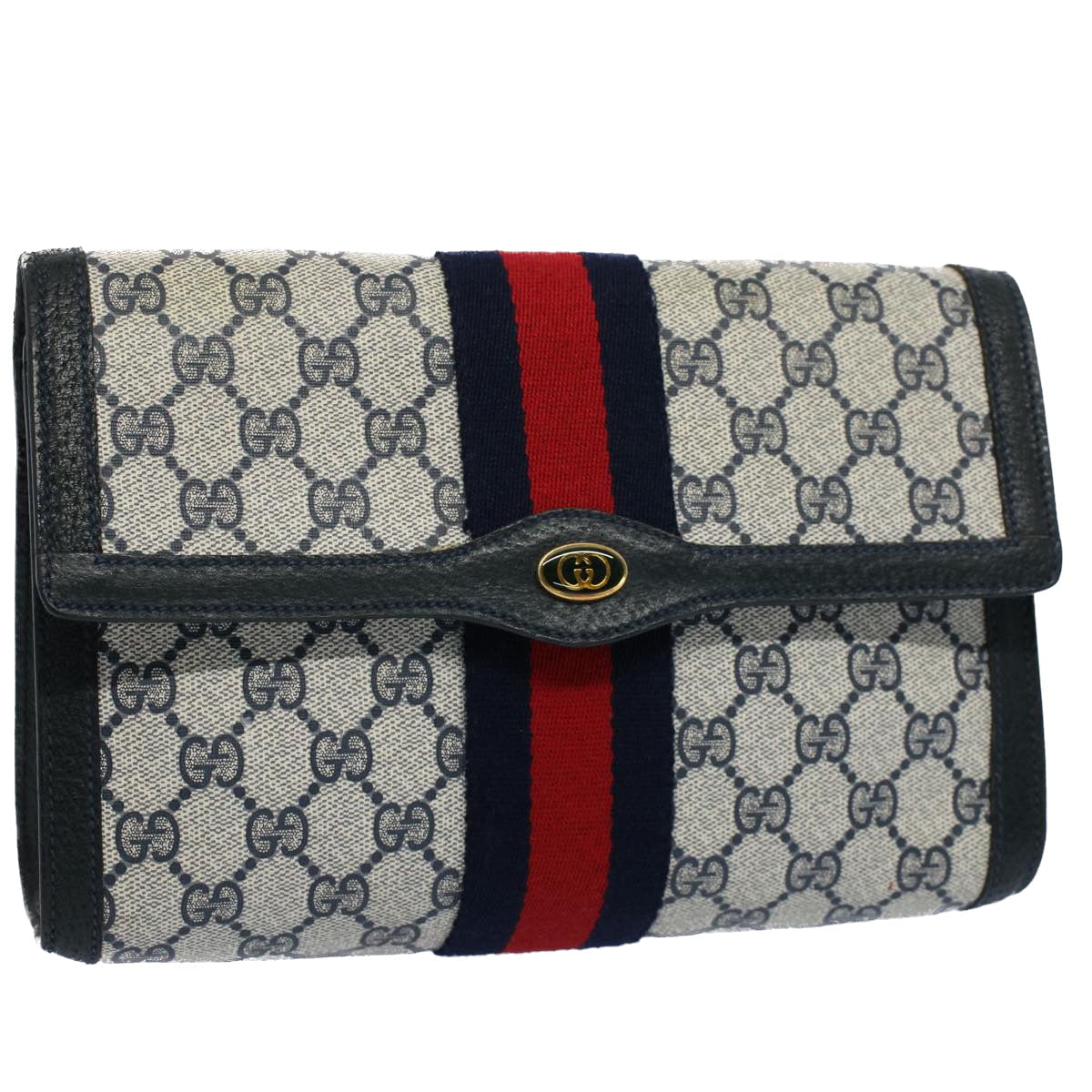 Luxury Gucci GG Supreme Web Sherry Line Clutch Bag Navy Red  54338