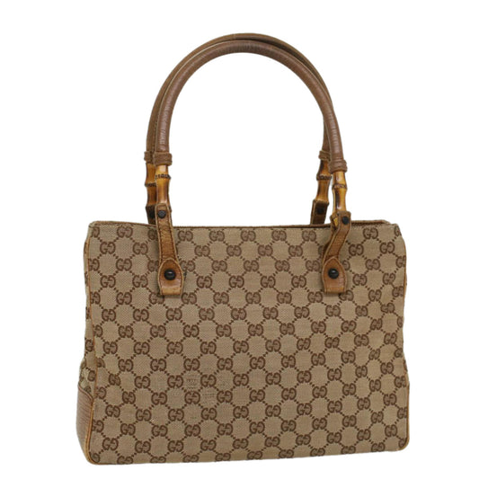 Luxury Gucci GG Canvas Bamboo Hand Bag Leather Beige Brown  54340
