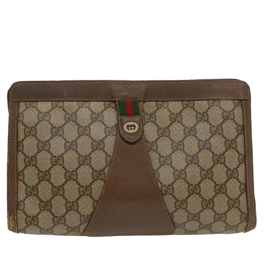 Luxury Gucci GG Canvas Web Sherry Line Clutch Bag PVC Leather Beige Red  54354