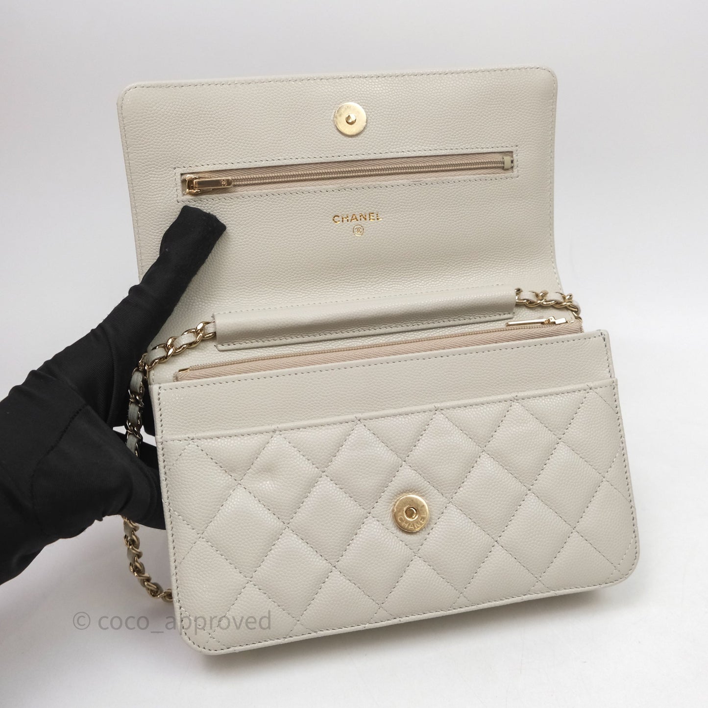 Chanel Quilted Wallet on Chain WOC Light Grey Caviar Gold Hardware 24S