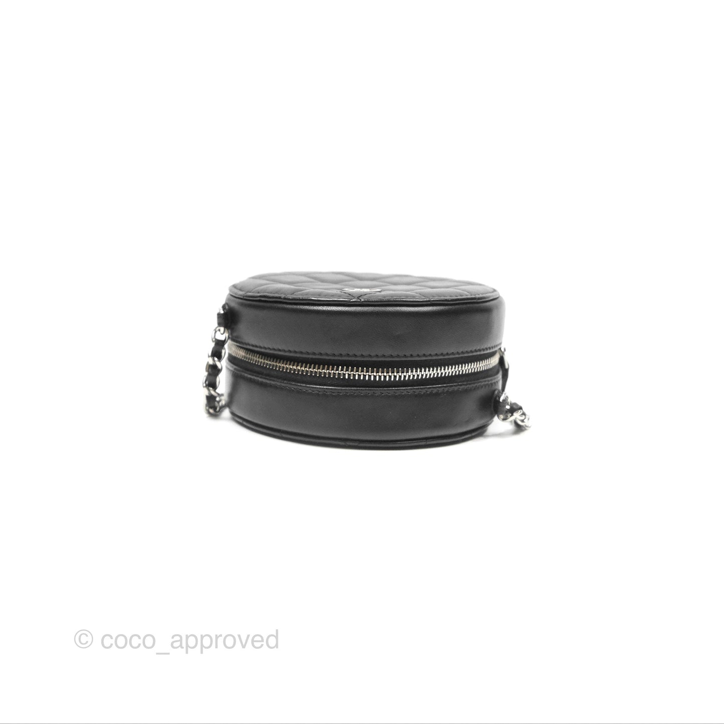 Chanel Classic Quilted Round Clutch With Chain Black Lambskin Silver Hardware