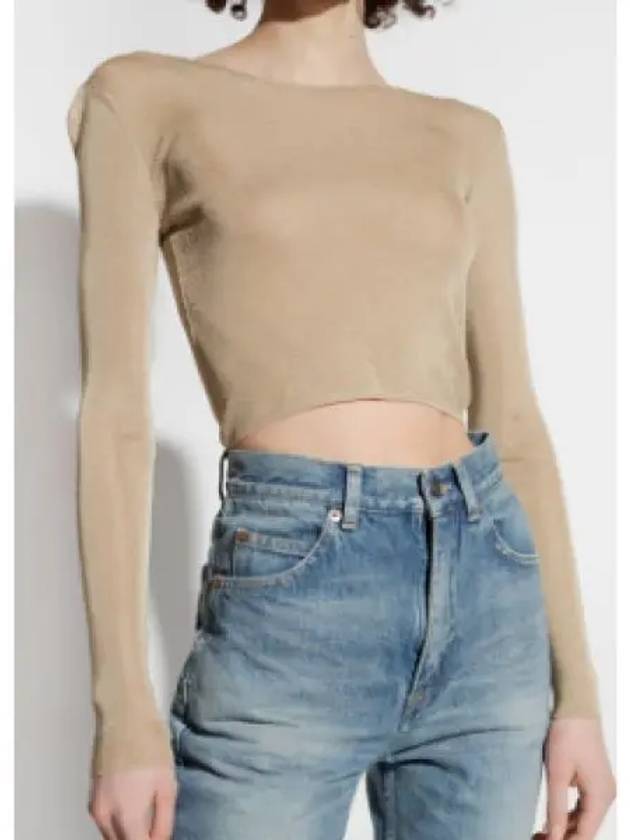 Luxury Saint Laurent Rib Detail Viscose Crop Long Sleeve T-Shirt Beige