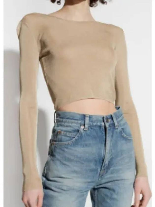 Luxury Saint Laurent Rib Detail Viscose Crop Long Sleeve T-Shirt Beige