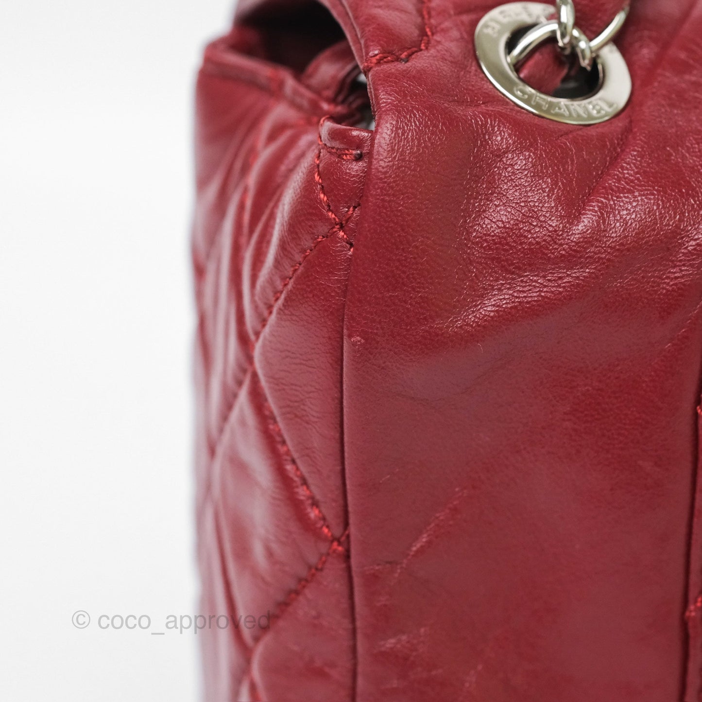 Chanel CC Flap Shoulder Bag Dark Red Crumpled Leather Silver Hardware