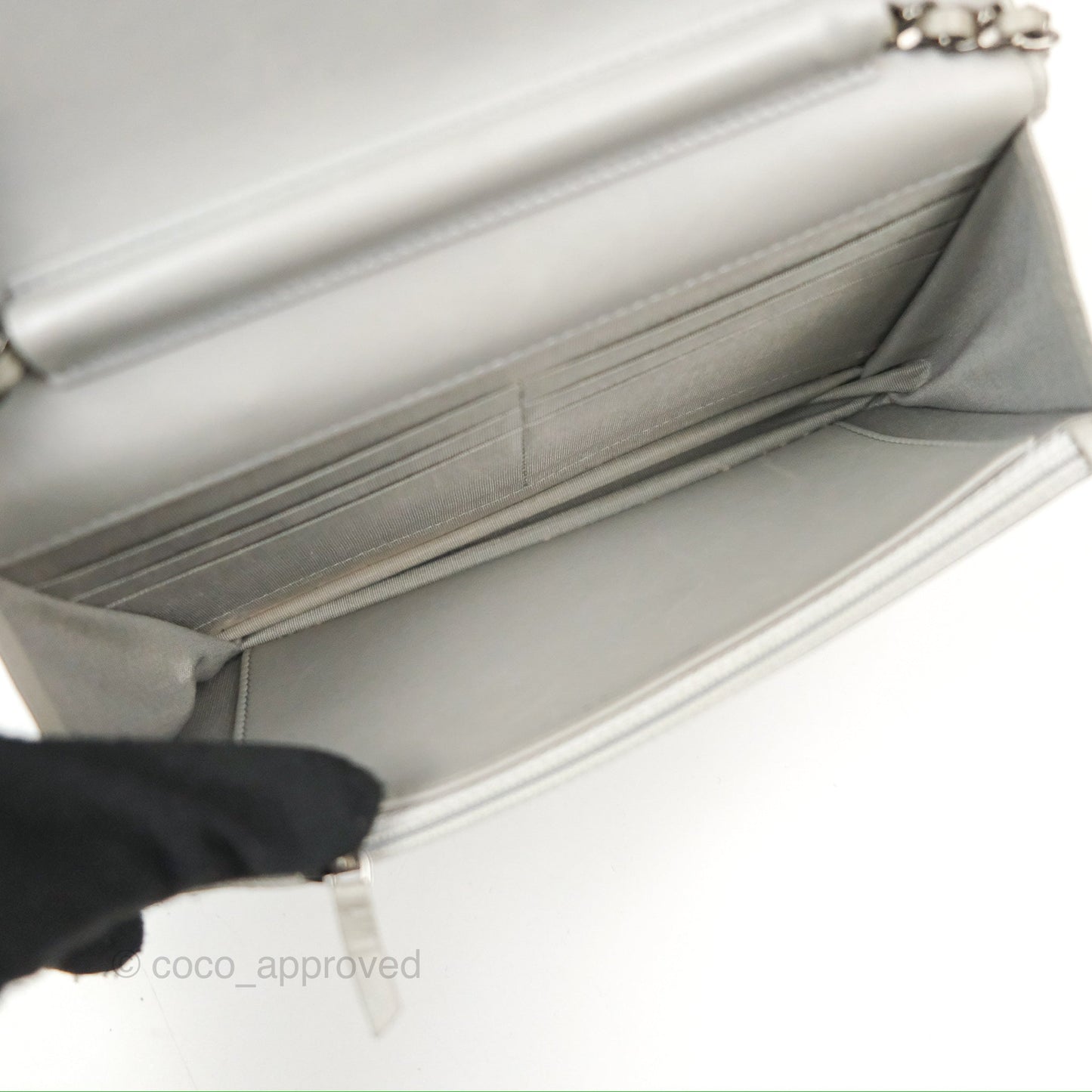 Chanel Chevron Boy Wallet on Chain WOC Grey Lambskin Gun Metal