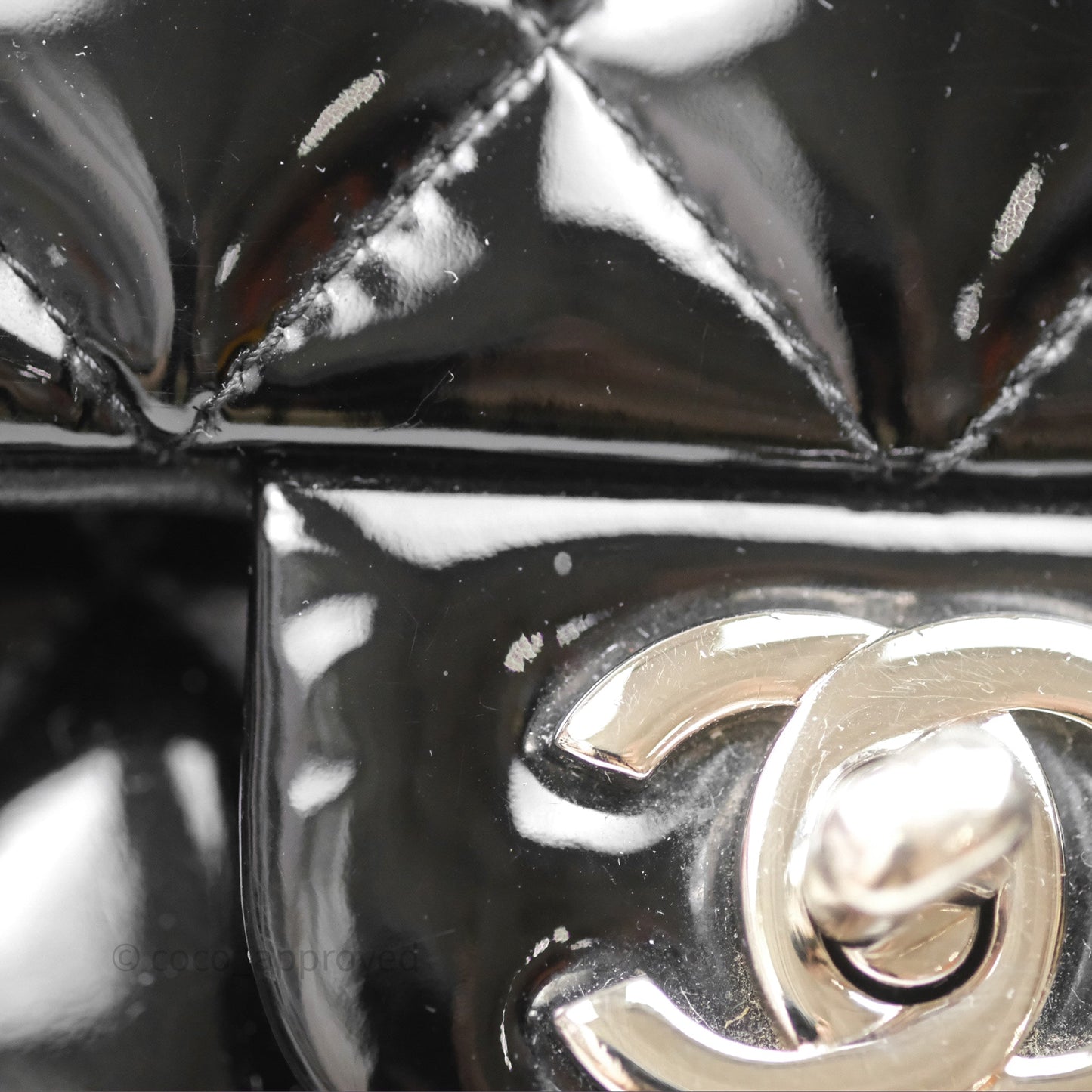 Chanel Classic M/L Medium Flap Quilted Black Patent Silver Hardware
