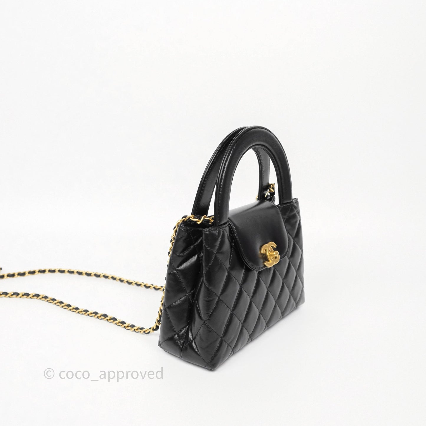 Chanel Kelly Bag Quilted Black Shiny Crumpled Calfskin Aged Gold Hardware