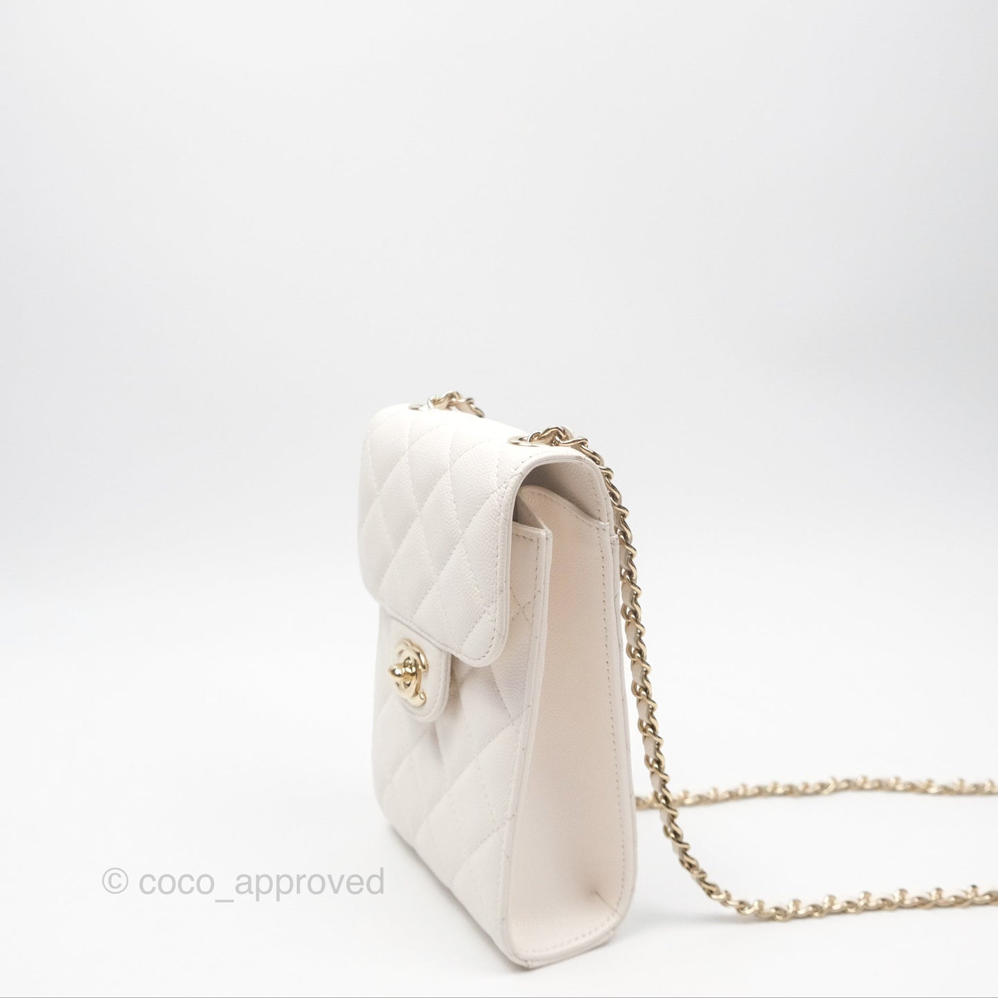 Chanel Classic Quilted Phone Holder White Caviar Gold Hardware