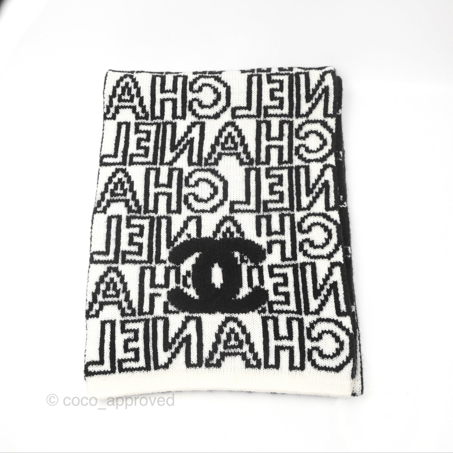 Chanel Logo CC Scarf Black & White Cashmere Wool Silk