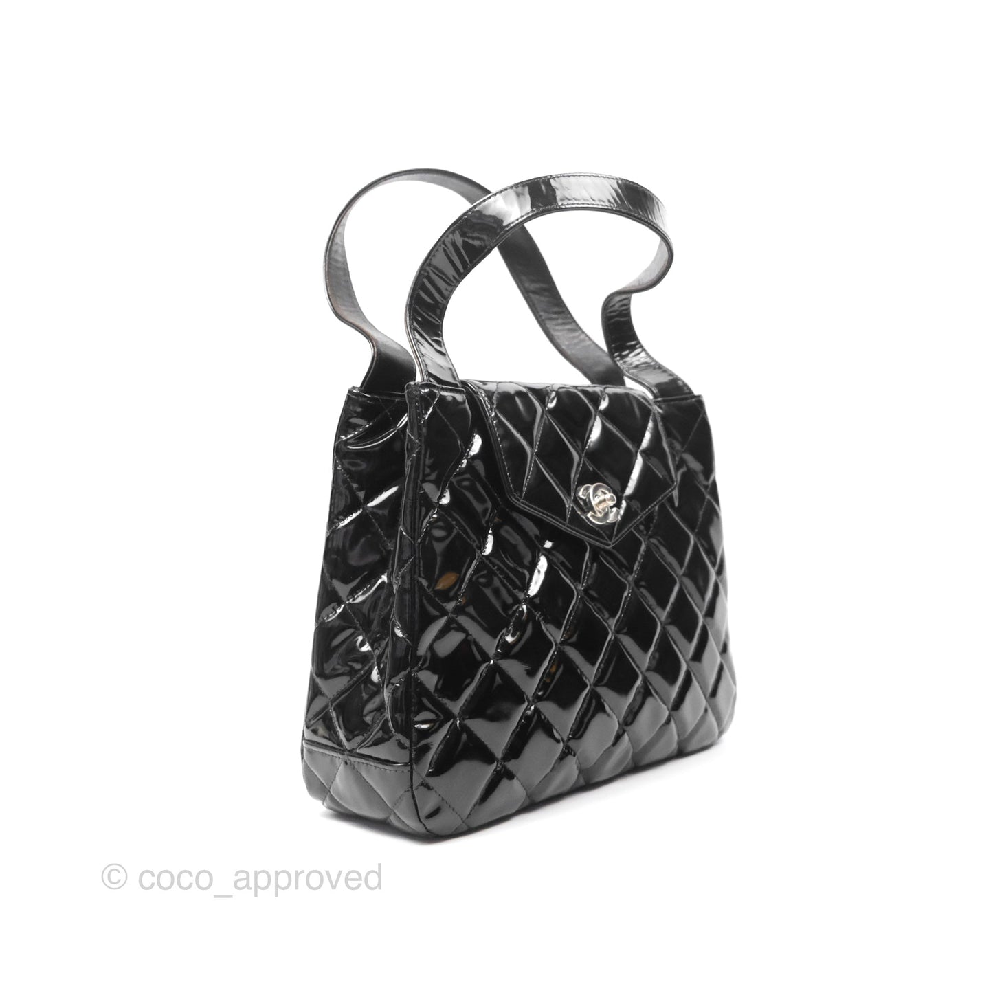 Chanel Vintage Tote Quilted Black Patent Silver Hardware
