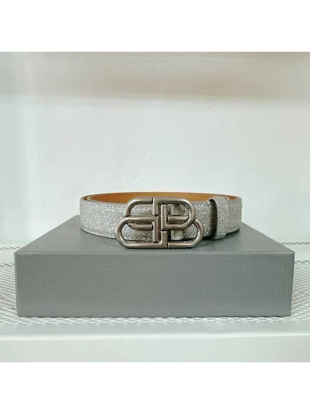Luxury Balenciaga BB Buckle Glitter Calf Leather Belt Silver