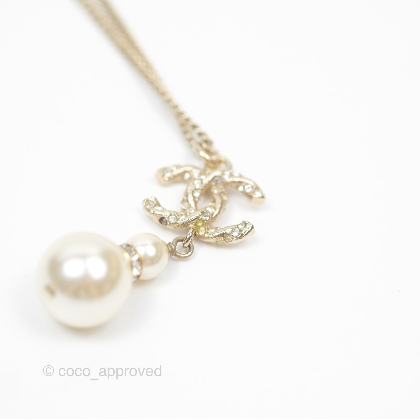 Chanel Crystal Pearl CC Drop Necklace Gold Tone 18B