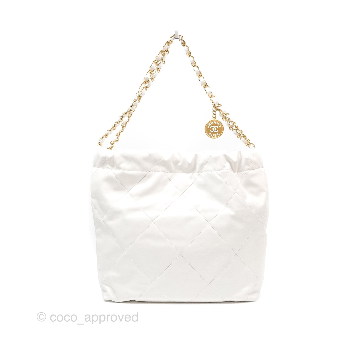 Chanel 22 Small White Shiny Calfskin Aged Gold Hardware