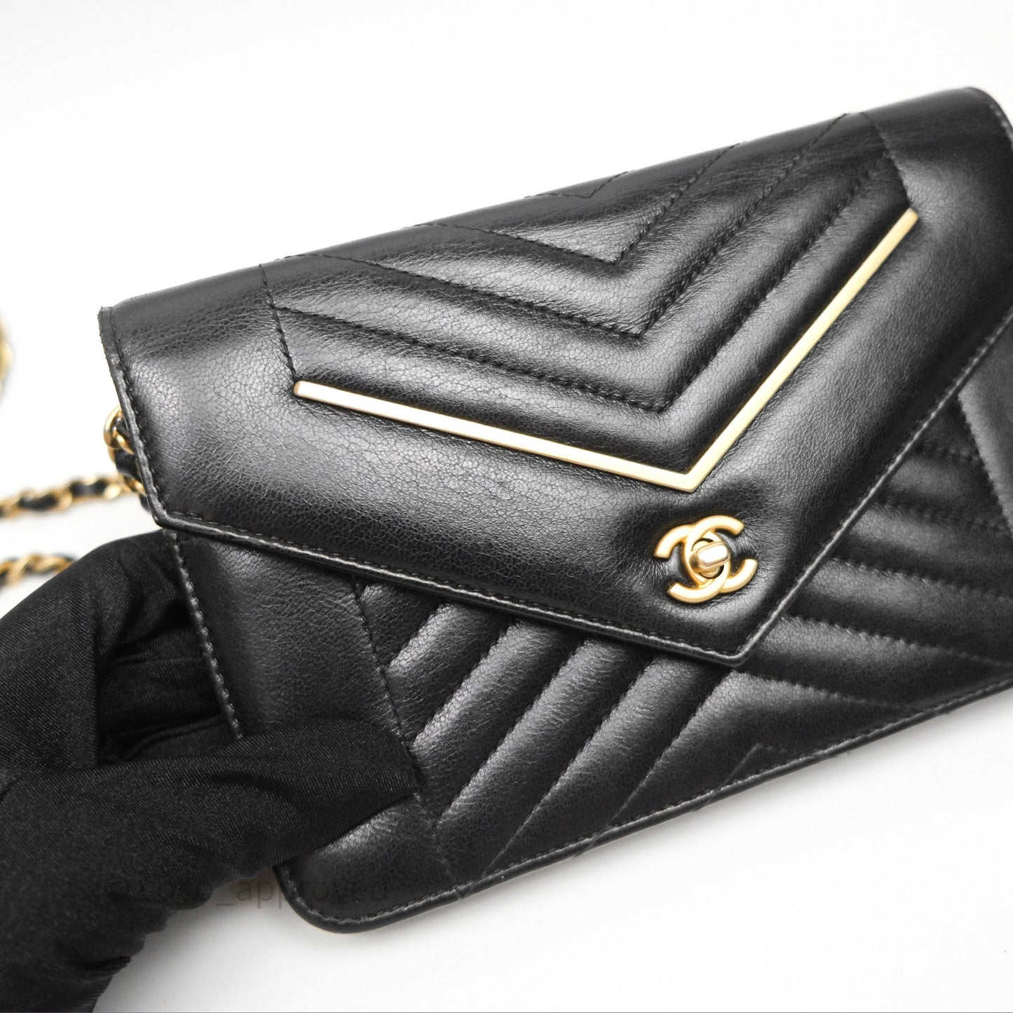 Chanel Reversed Chevron Wallet On Chain WOC Black Lambskin Aged Gold Hardware