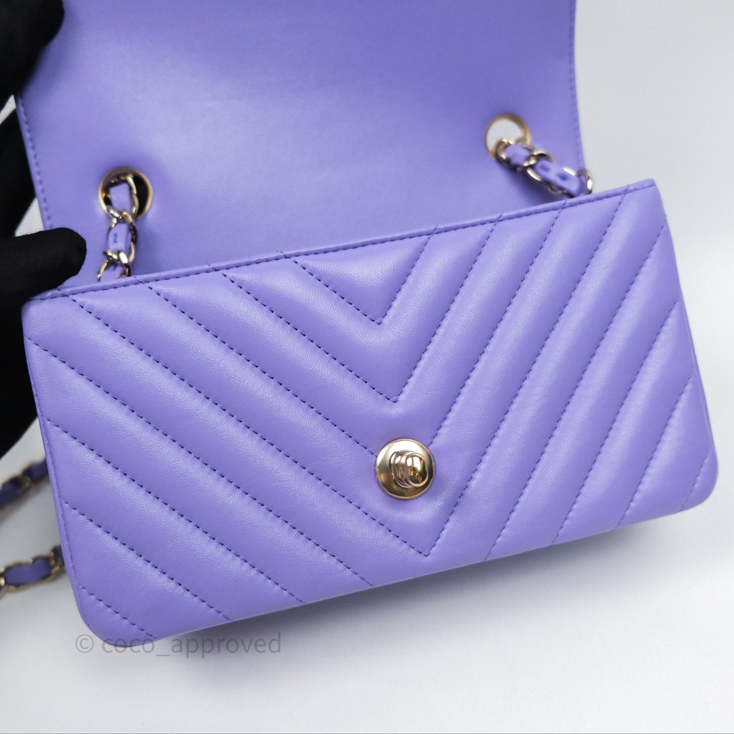 Chanel Quilted Mini Rectangular Chevron Purple Lambskin Gold Hardware