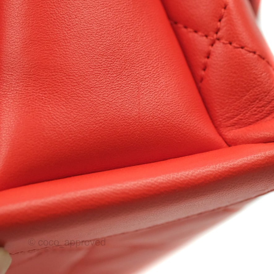 Chanel Top Handle Flap Bag Red Lambskin Aged Gold Hardware