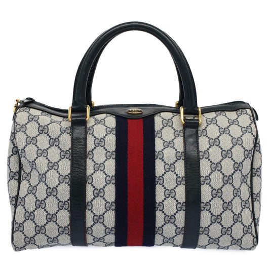 Luxury Gucci GG Canvas Sherry Line Boston Bag Gray Red Navy 010 378  54741