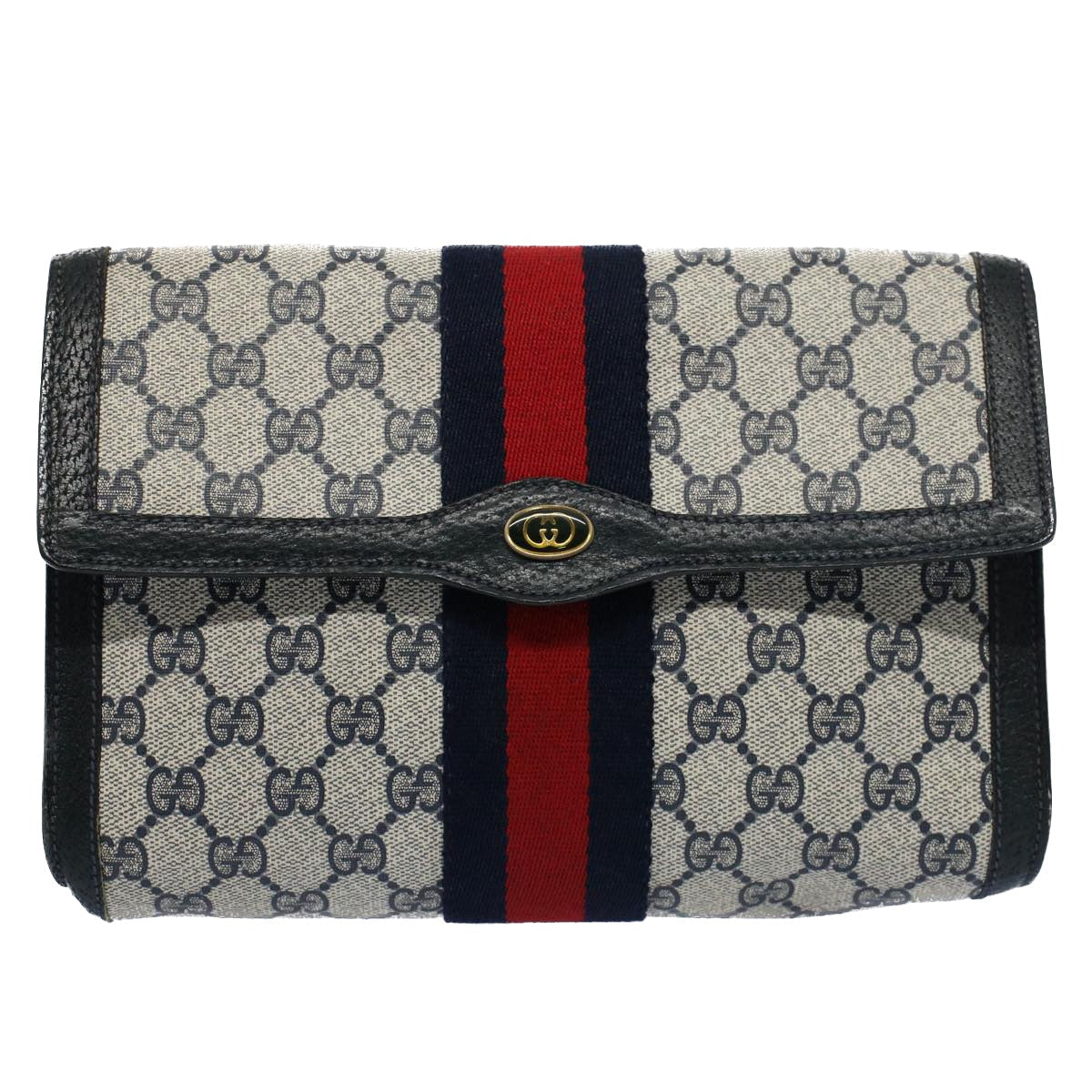 Luxury Gucci GG Canvas Sherry Line Clutch Bag Gray Red Navy 89 01 006  54747