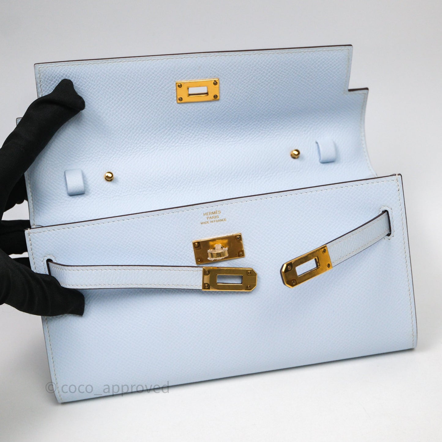 Hermes Kelly To Go Bleu Brume Epsom Gold Hardware