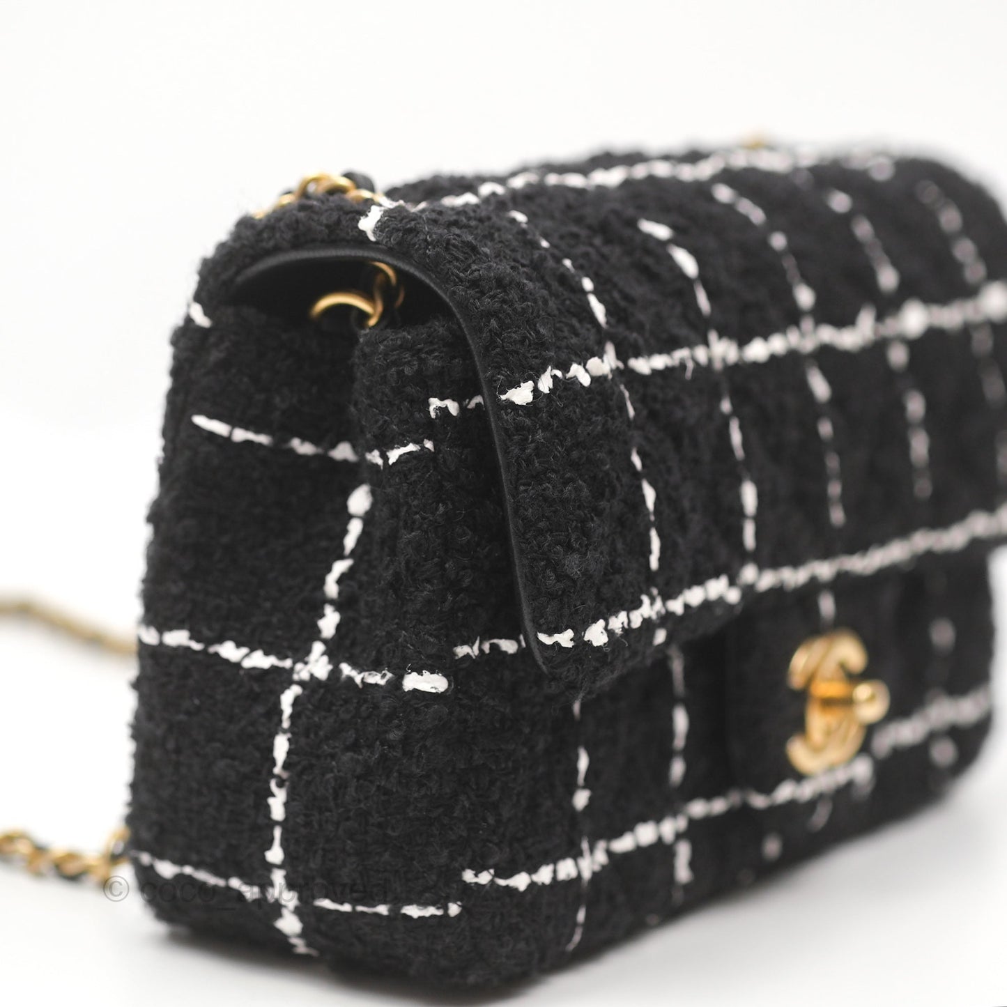 Chanel Mini Rectangular Pearl Crush Tweed Black White Grid Aged Gold Hardware