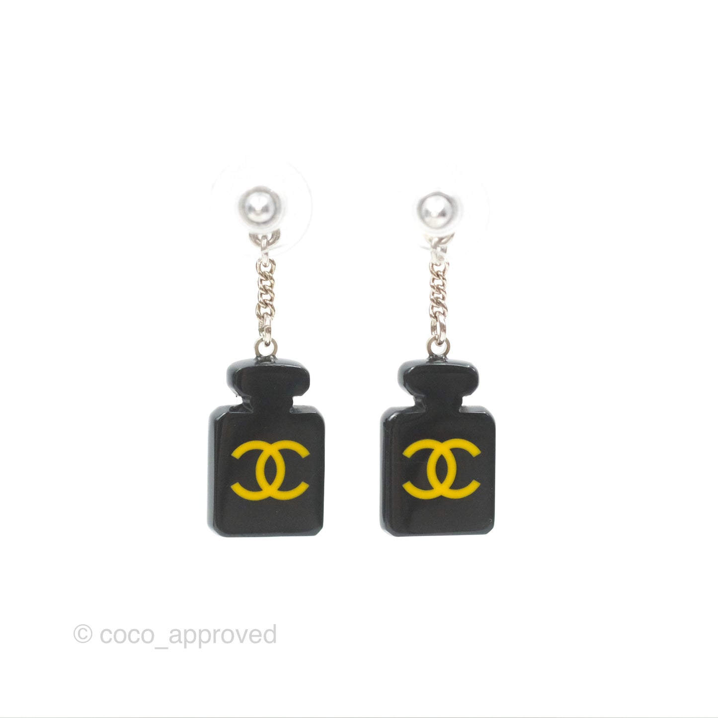 Chanel Resin Perfume Bottle Drop Earrings Black Silver Tone 15S