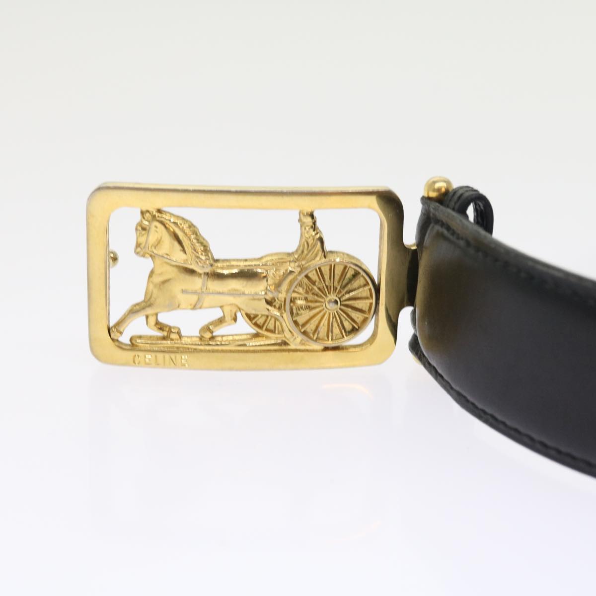 Luxury CELINE Horse Carriage Belt Leather 35.4""-37.8"" Black Gold  54945