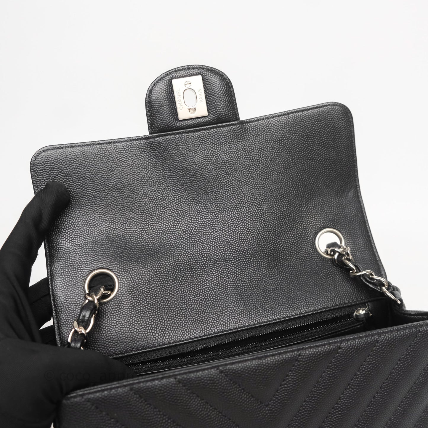 Chanel Mini Rectangular Flap Chevron Black Caviar Silver Hardware
