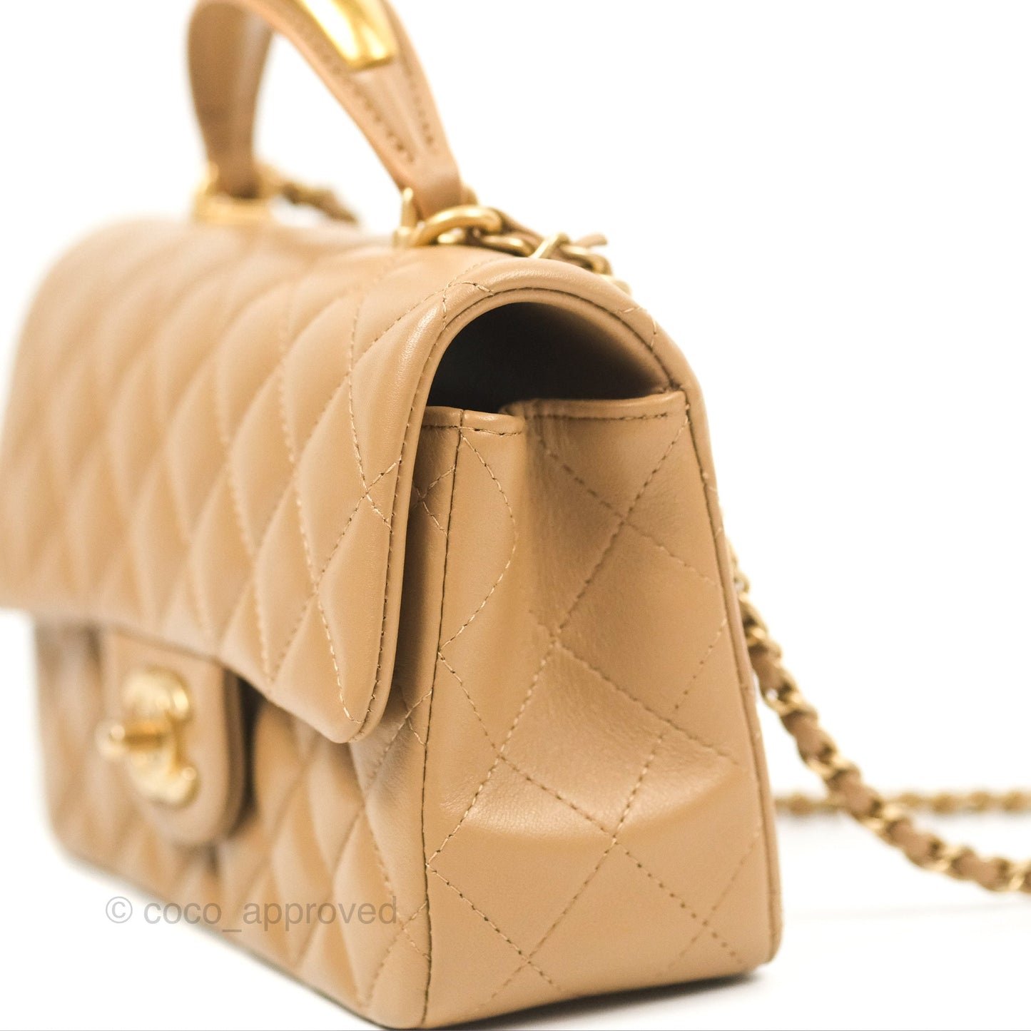 Chanel Top Handle Mini Rectangular Flap Bag Beige Lambskin Aged Gold Hardware