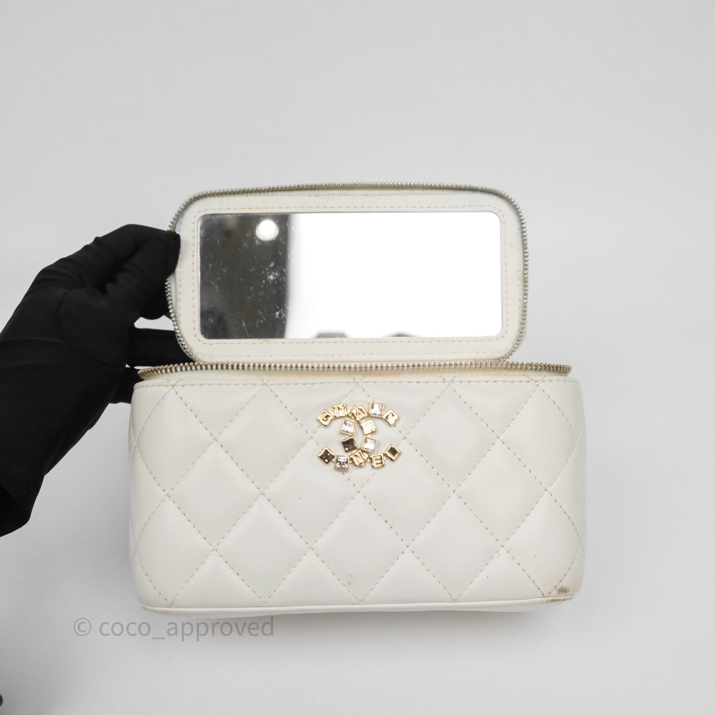Chanel Logo Crystals Top Handle Vanity Rectangular White Lambskin Gold Hardware
