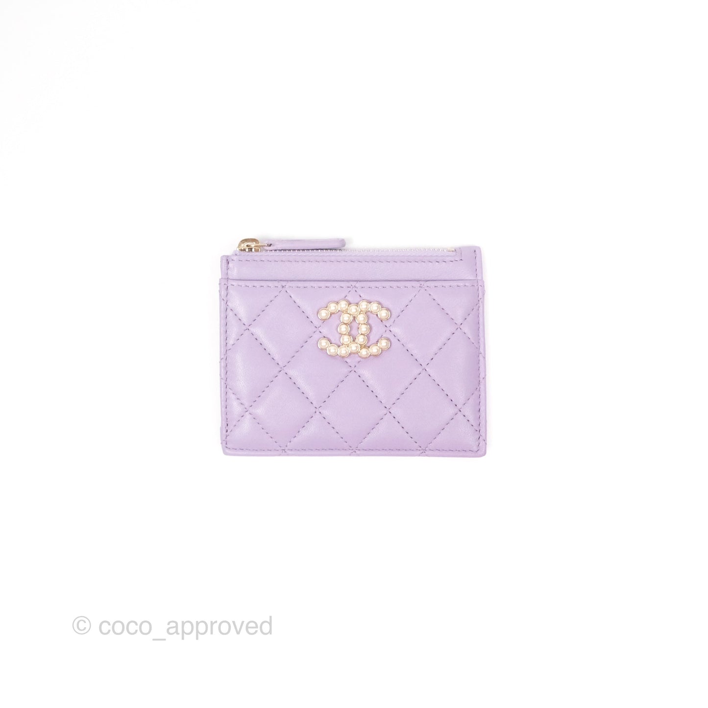 Chanel Pearl CC Zipped Card Holder Lilac Lambskin Gold Hardware 24P