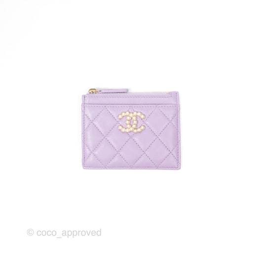 Chanel Pearl CC Zipped Card Holder Lilac Lambskin Gold Hardware 24P