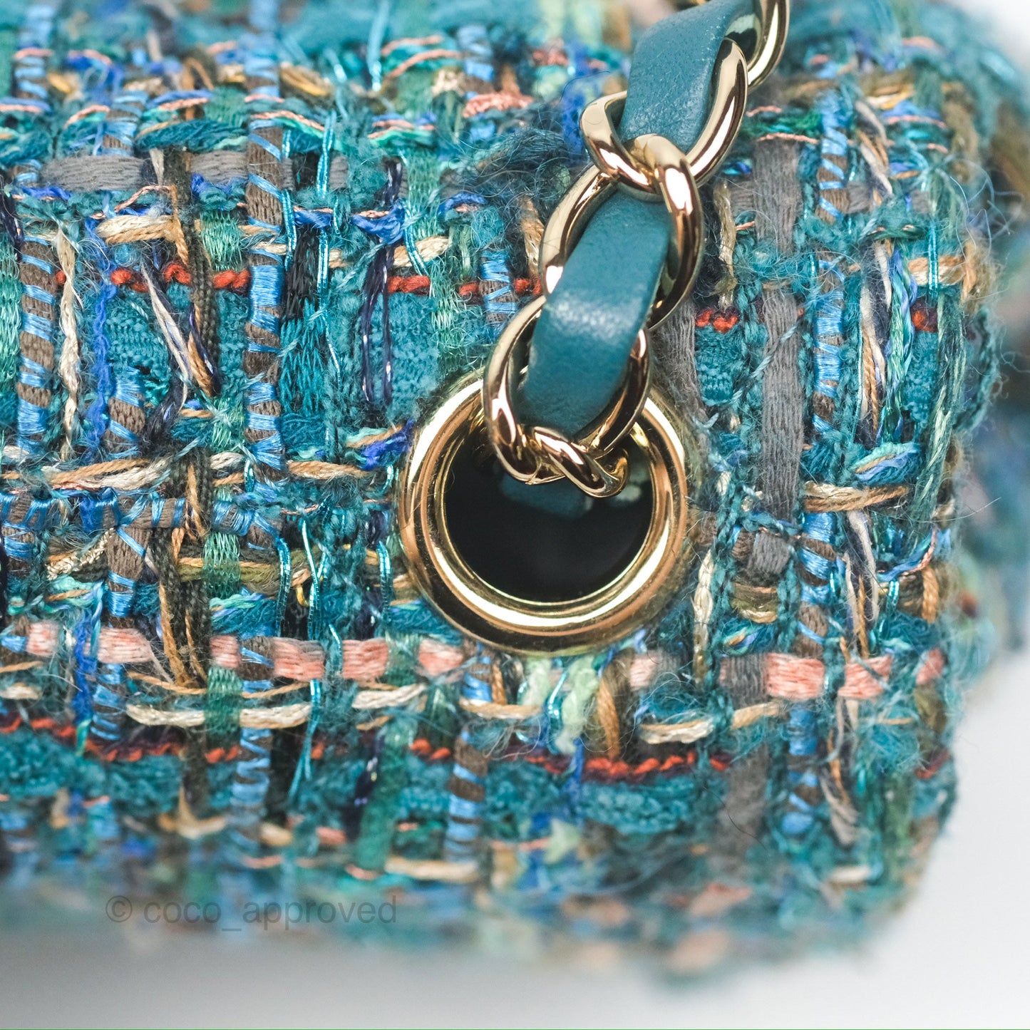 Chanel Mini Rectangular Flap Teal Tweed Gold Hardware