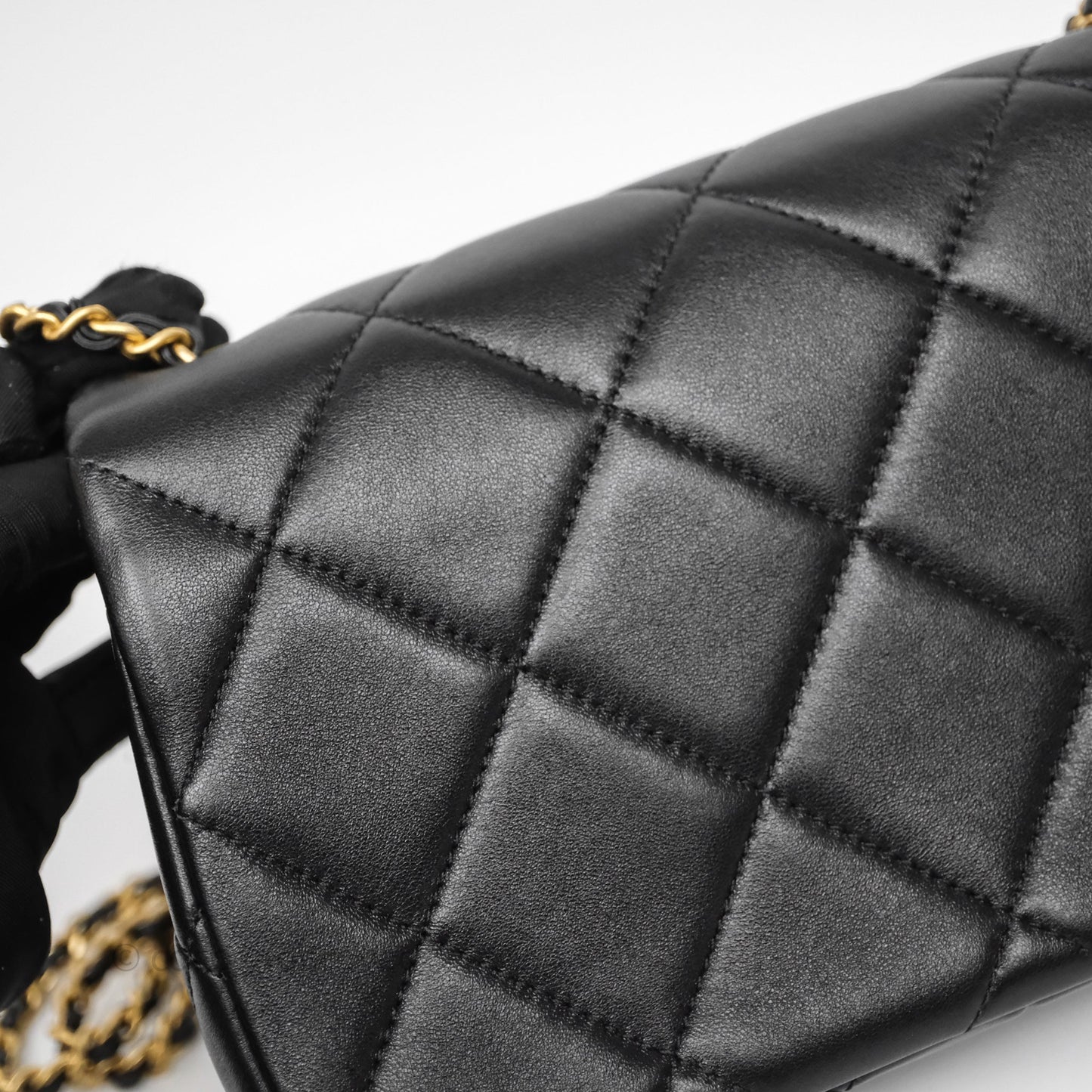 Chanel Quilted Flap Bag with Pearl Chain Black Calfskin Aged Gold Hardware