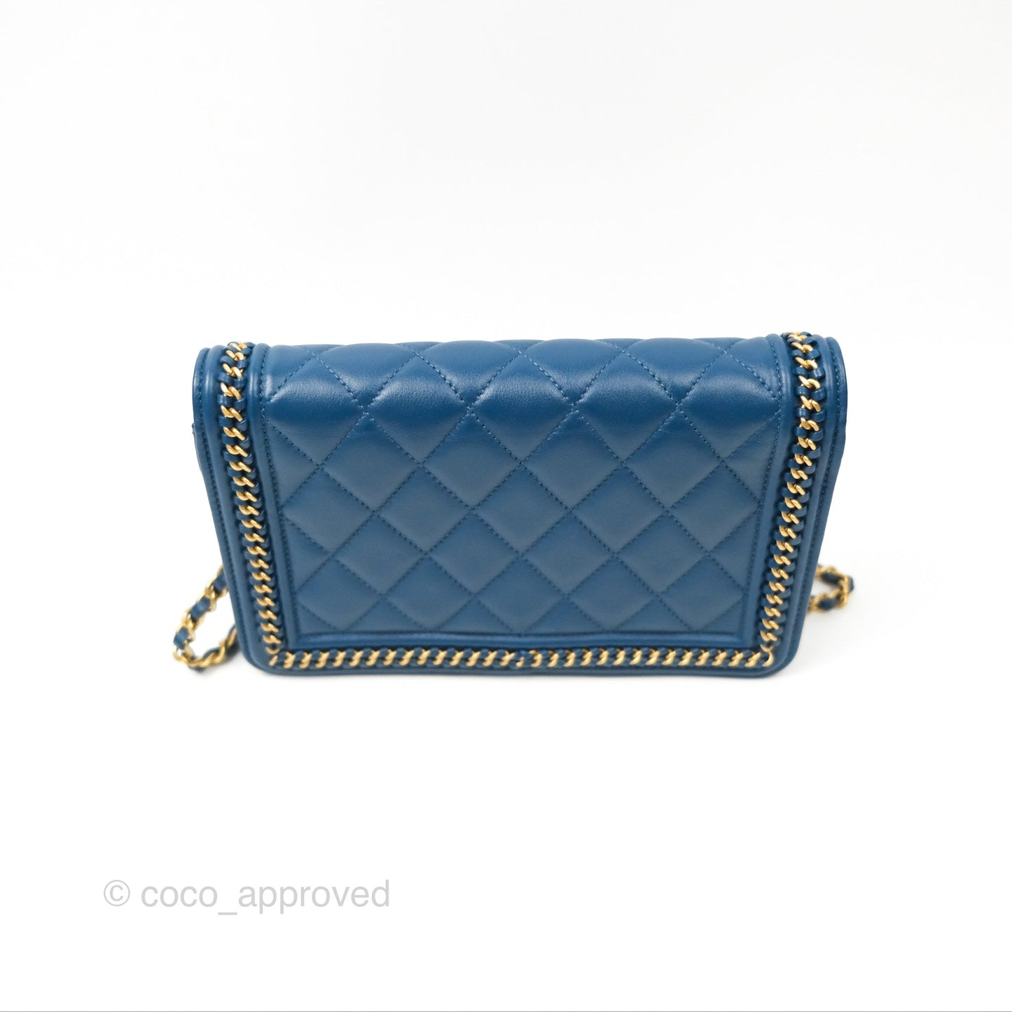 Chanel Quilted Boy Wallet on Chain WOC Blue Calfskin Aged Gold Hardware