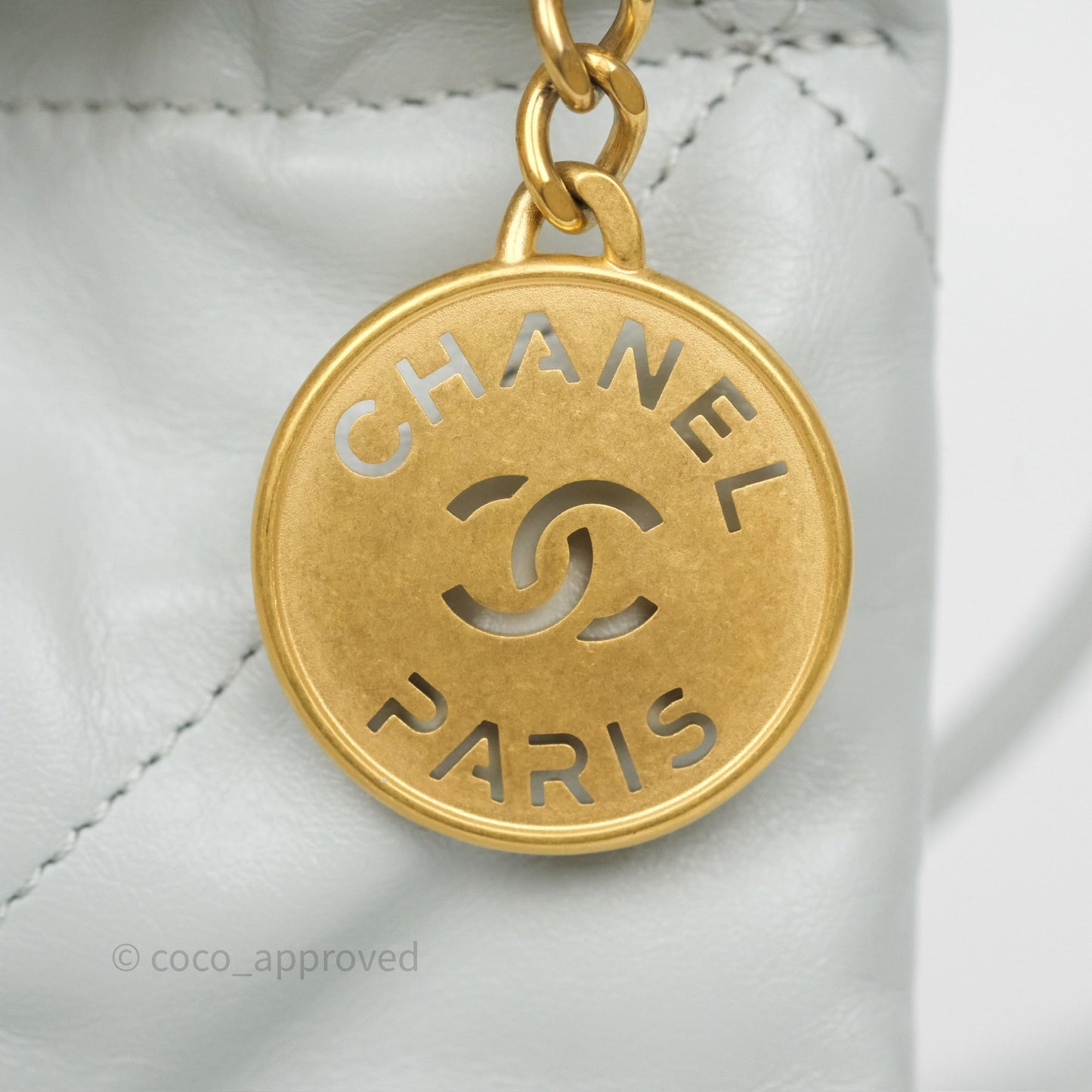Chanel 22 Mini Bag Light Blue Shiny Crumpled Calfskin Aged Gold Hardware