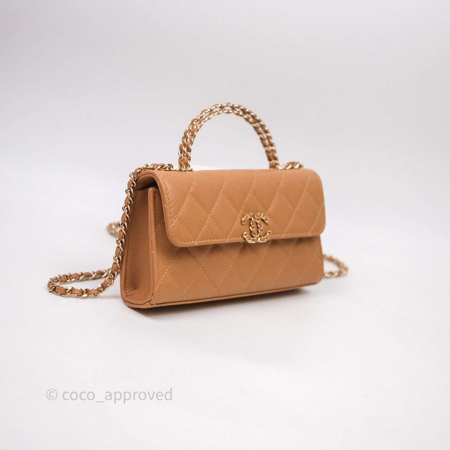 Chanel Kelly Clutch Top Handle Dark Beige Caviar Bag Light Gold hardware