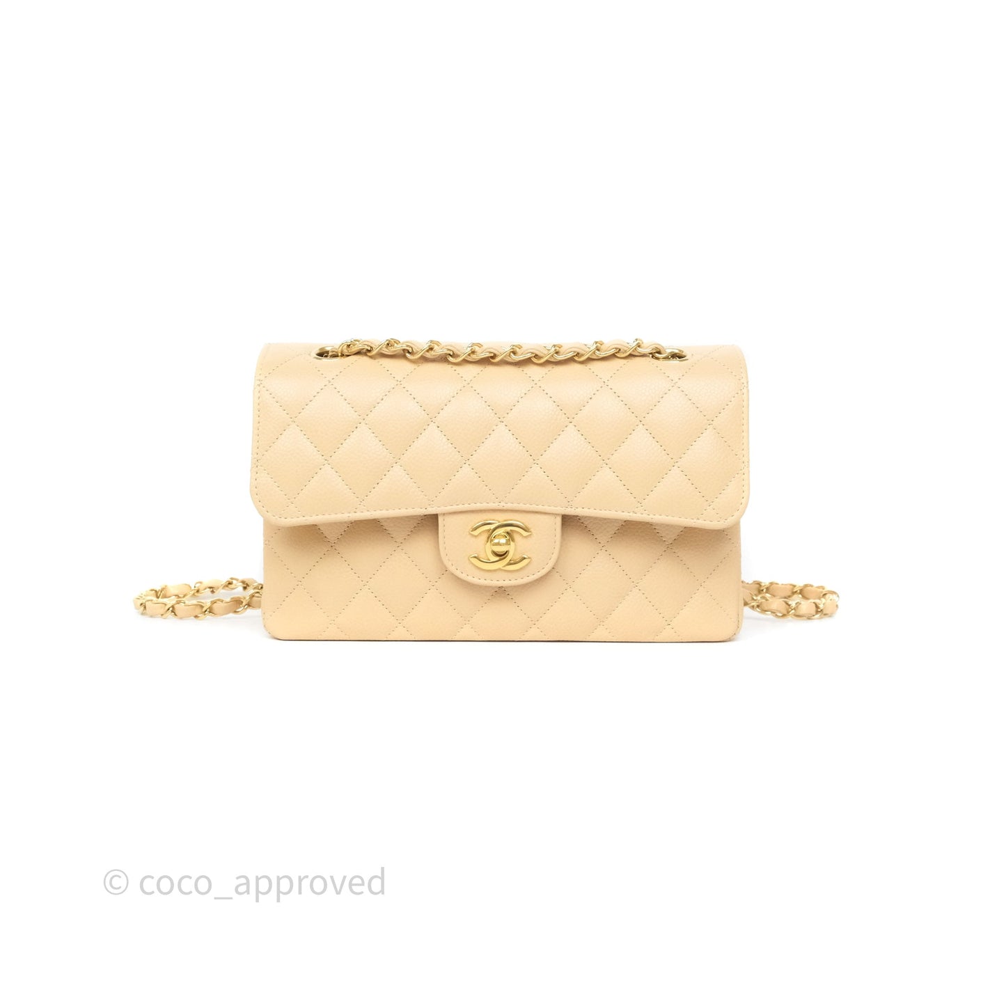 Chanel Small Classic Flap Quilted Beige Caviar Gold Hardware