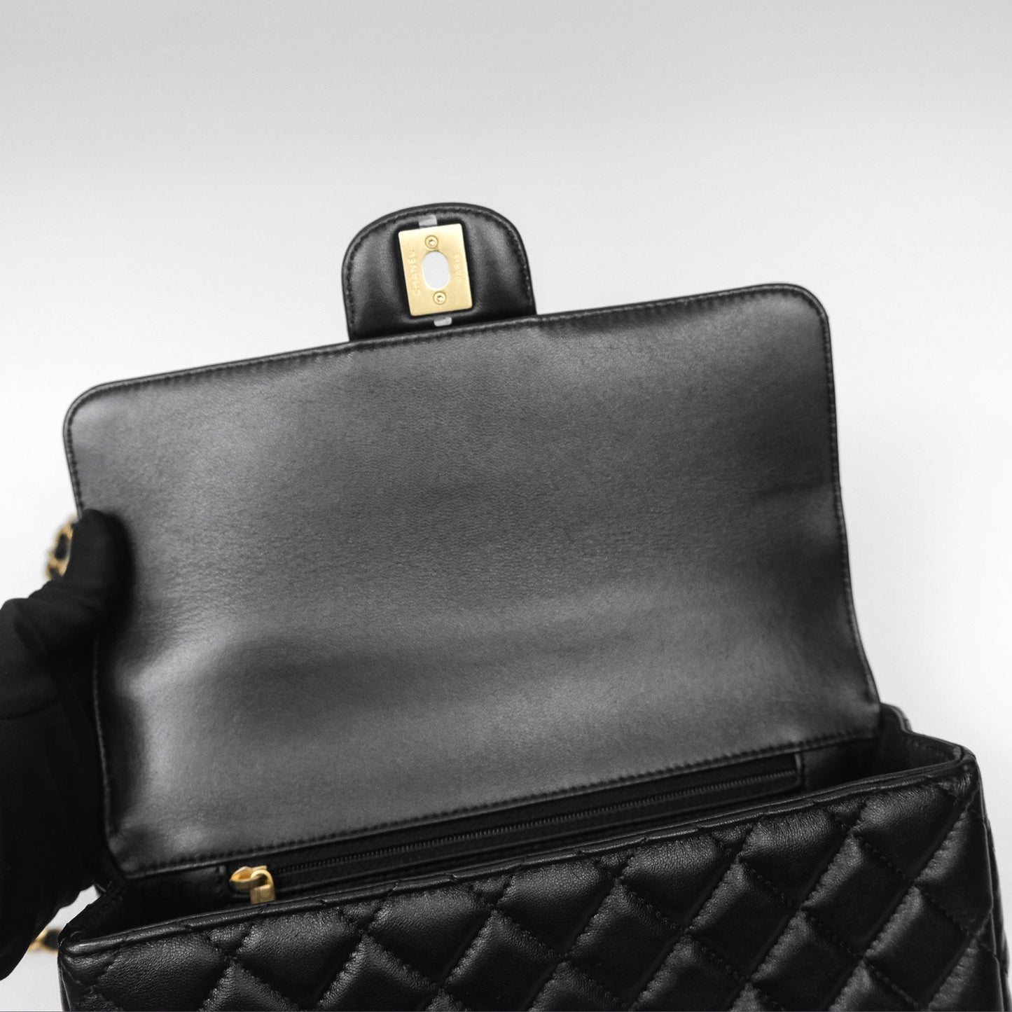 Chanel Logo Top Handle Small Flap Bag Black Lambskin Gold Hardware 24C