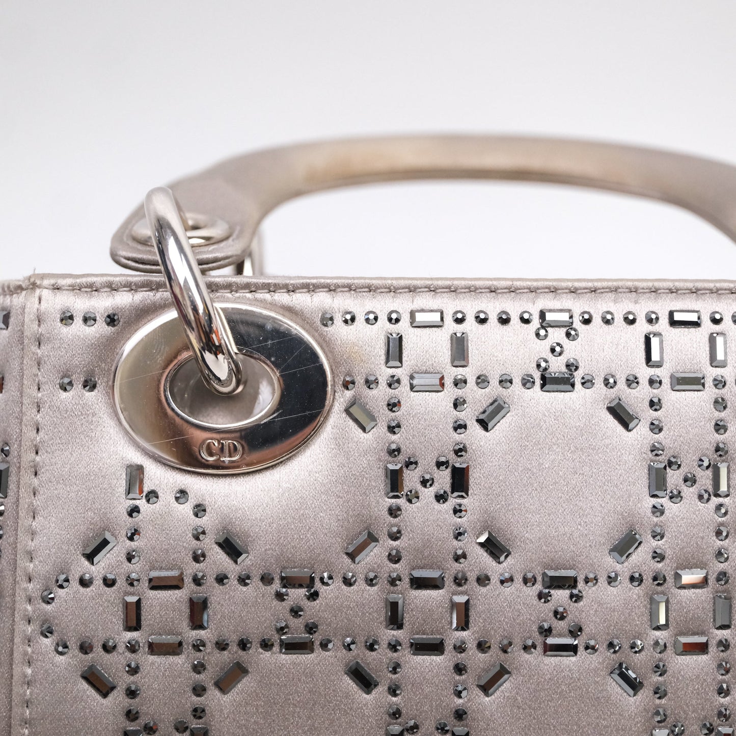 Christian Dior Mini Lady Dior Bag Grey Strass Cannage Satin Silver Hardware