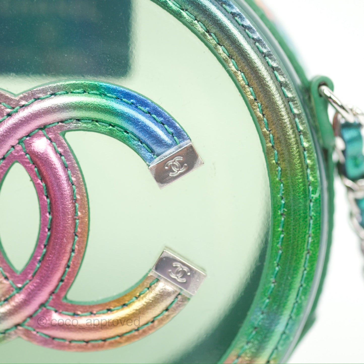 Chanel Filigree Rainbow Green PVC Round Clutch With Chain Silver Hardware 20C