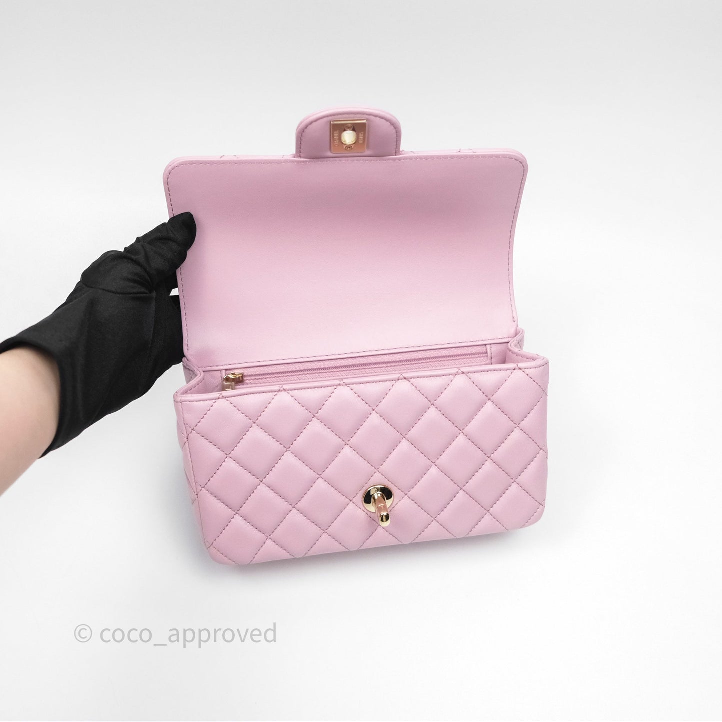 Chanel Logo Top Handle Mini Rectangular Flap Bag Pink Lambskin Gold Hardware