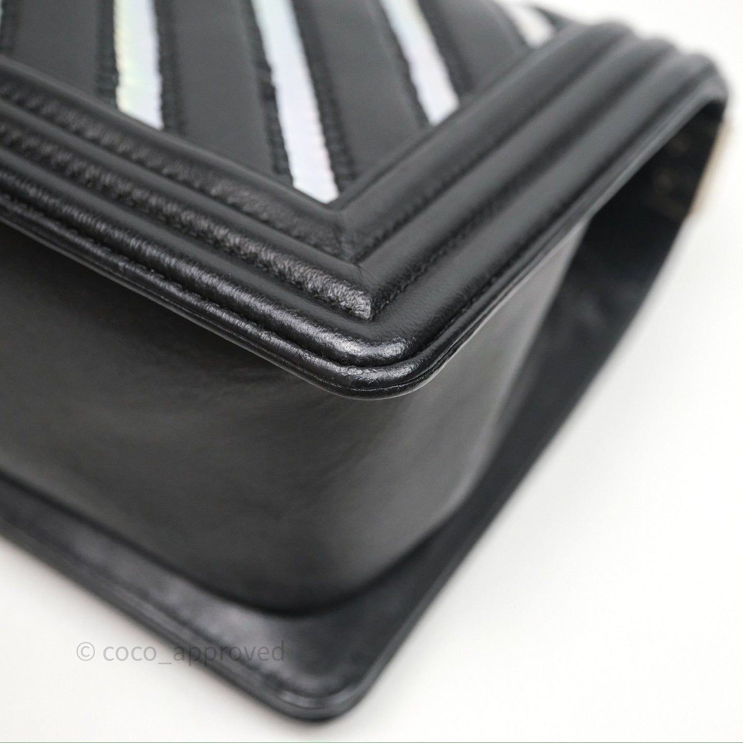 Chanel Medium Boy Chevron Iridescent PVC Lambskin Black Silver Hardware