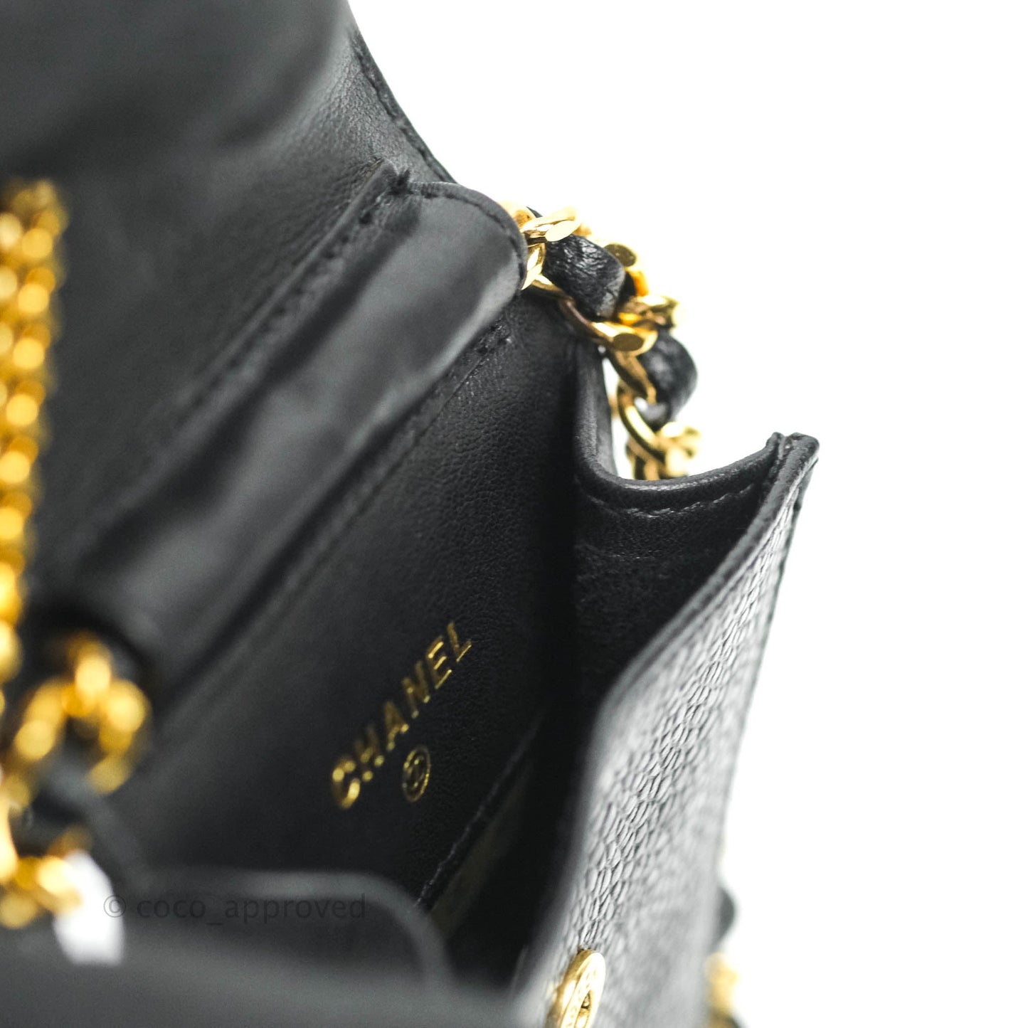 Chanel Vintage CC Caviar Black Phone Case With Chain Gold Hardware