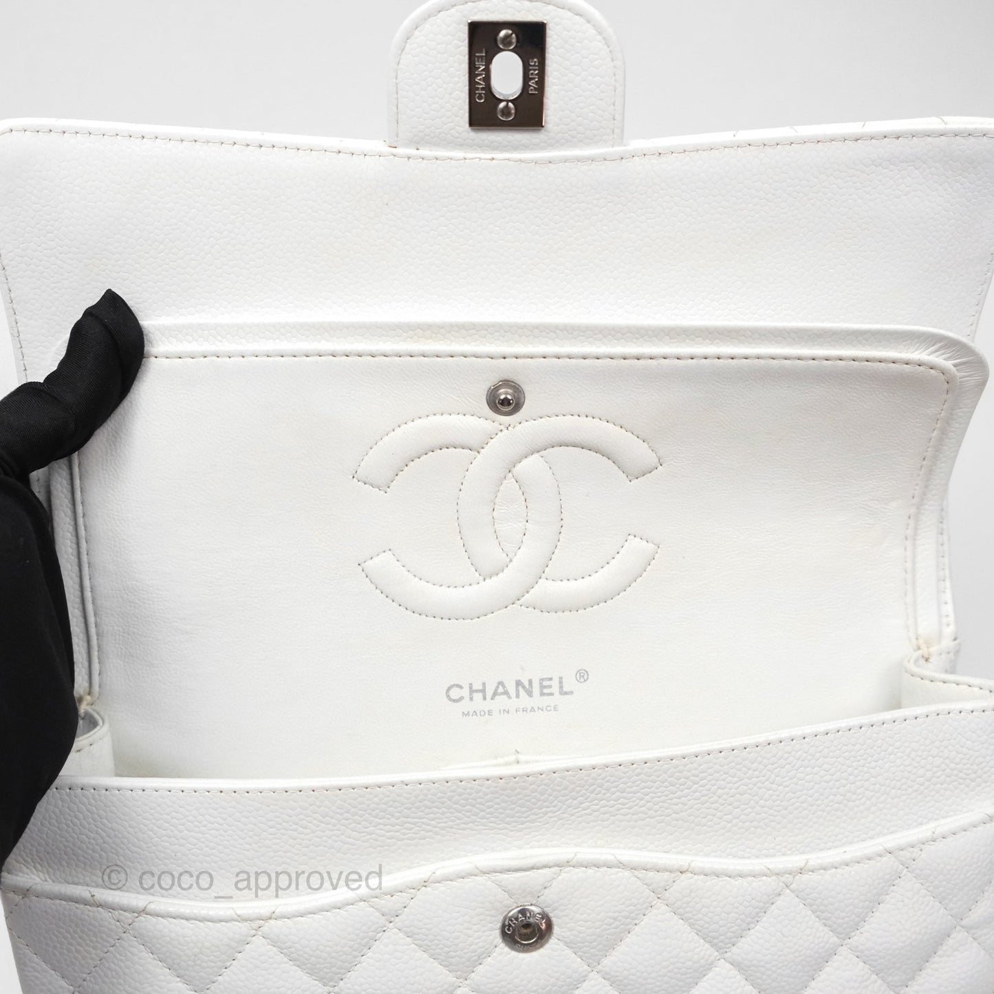 Chanel Classic M/L Medium Double Flap White Caviar Silver Hardware